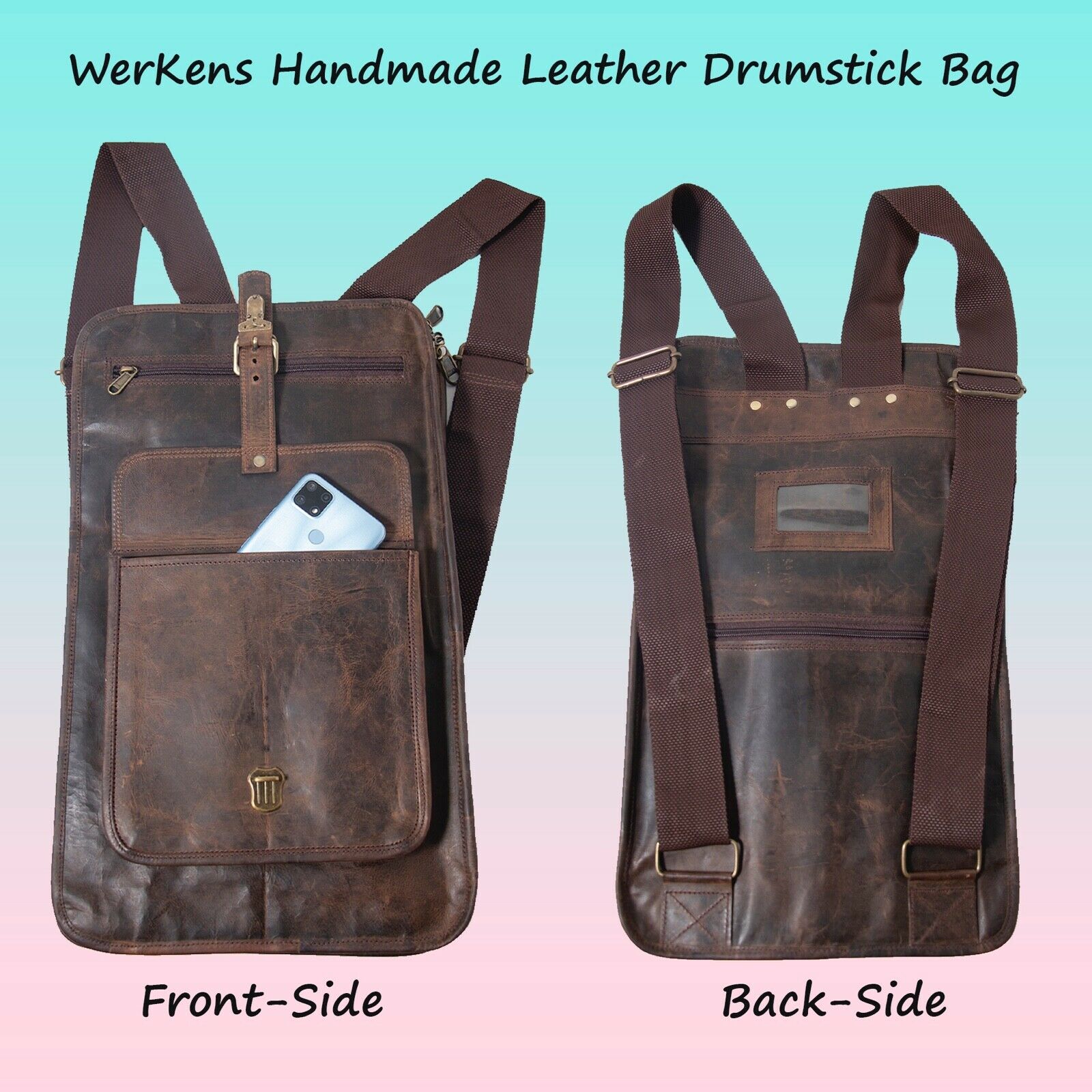 WerKens Leather Drumstick Bag Back Pack 12-16 Pair Sticks Drum